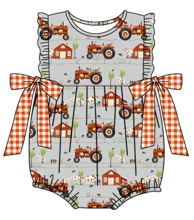 Baby Boy Girl Farm Tractor Cow Sibling Matching Green Dress Romper Clothes Set ( Moq 5 Each style )