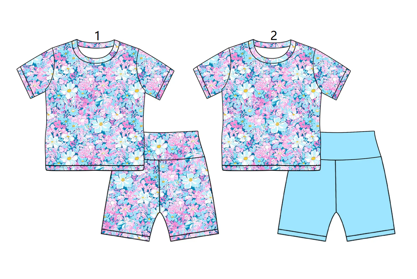 Baby Girl Short Sleeves Flower Blue Shorts Sibling Sports Summer Set ( Moq 5 Each Style ) 2.18