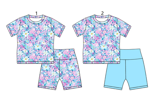 Baby Girl Short Sleeves Flower Blue Shorts Sibling Sports Summer Set ( Moq 5 Each Style ) 2.18