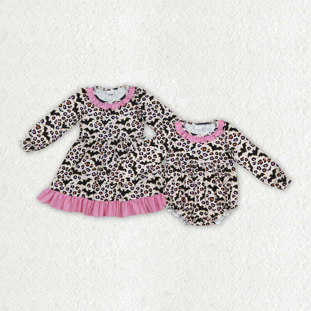 Girls Kids Long Sleeves Halloween Bats Leopard Sibling Ruffle Dress Romper RTS
