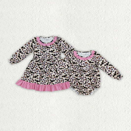 Girls Kids Long Sleeves Halloween Bats Leopard Sibling Ruffle Dress Romper RTS