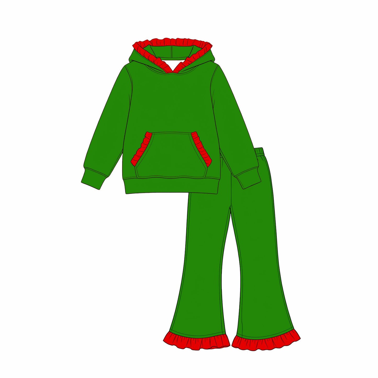 ( Moq 5 ) Preorder Baby Girls Kids Red Ruffle Hoodie Pocket Pullover Pants Green Set Cotton Clothes