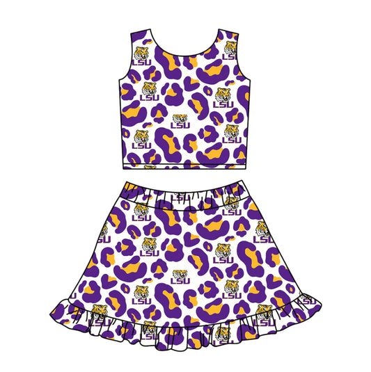 ( Moq 5 ) Baby Girls Kids Sleeveless Purple Leopard Tigers Football Tops Shorts Skirt Team Clothes Set