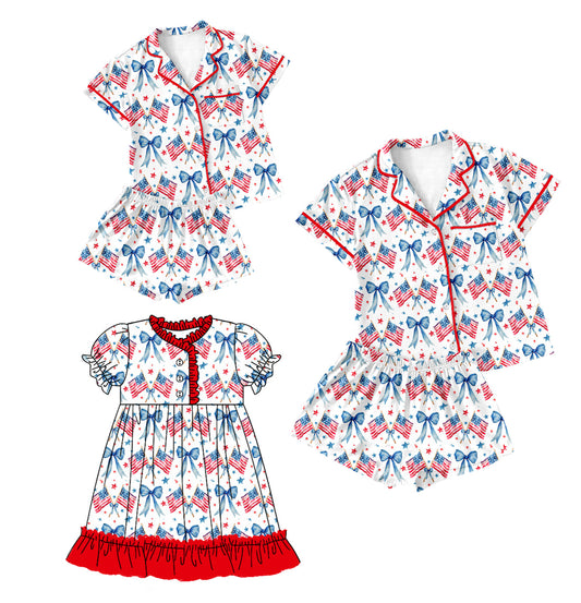 Baby Girl Adult July 4th Flags Bows Sibling Pajamas Dress Set ( Moq 5 Each Style ) 1.10