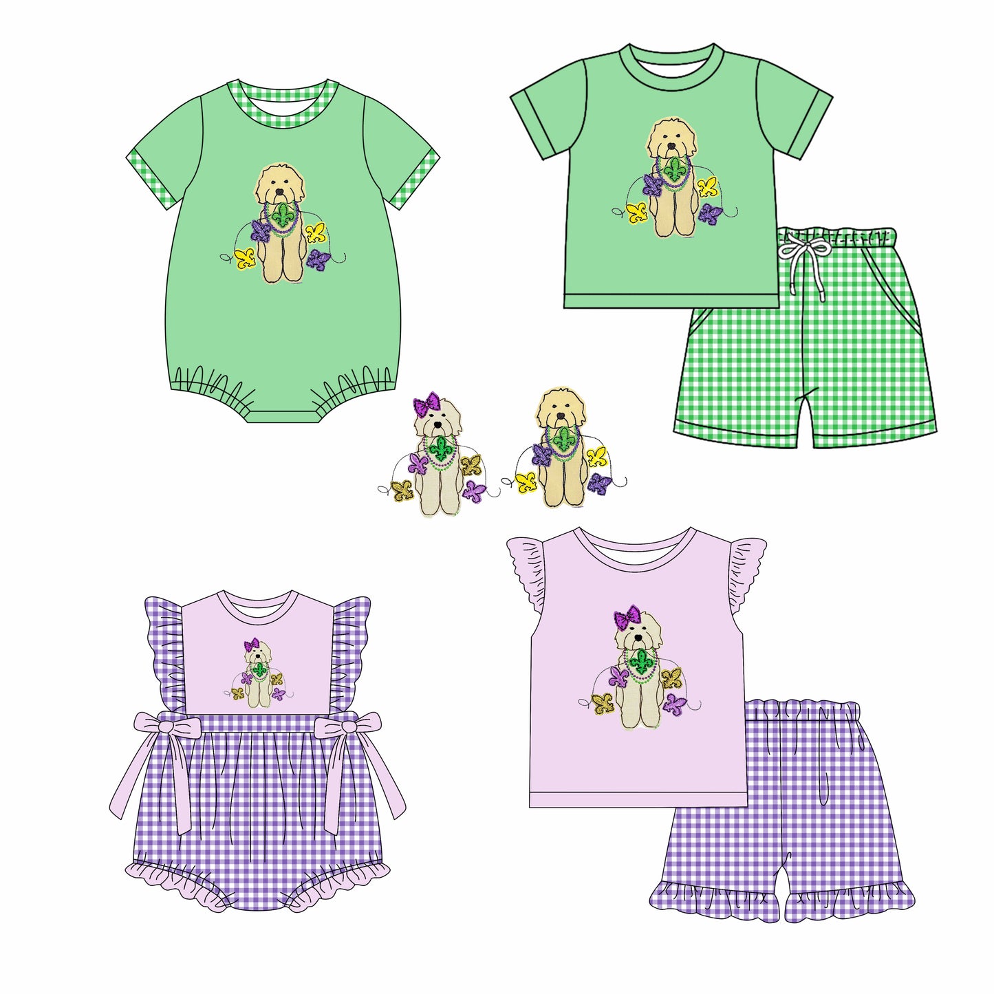 Baby Boy Girl Short Sleeves Mardi Gras Dogs Sibling Romper Clothes Set ( Moq 5 Each style )12.2