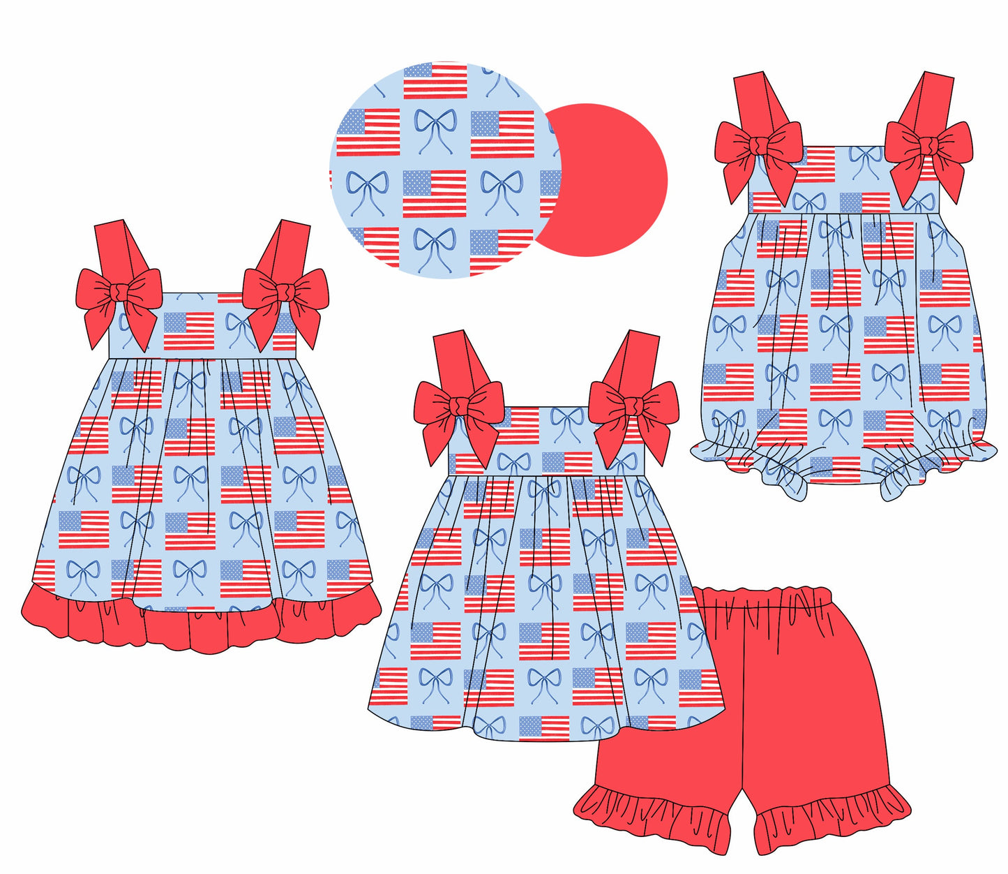 Baby Girl July 4th Flags Bows Sibling Romper Dress Set ( Moq 5 Each Style ) 1.23