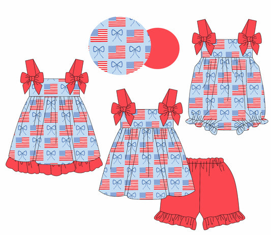 Baby Girl July 4th Flags Bows Sibling Romper Dress Set ( Moq 5 Each Style ) 1.23