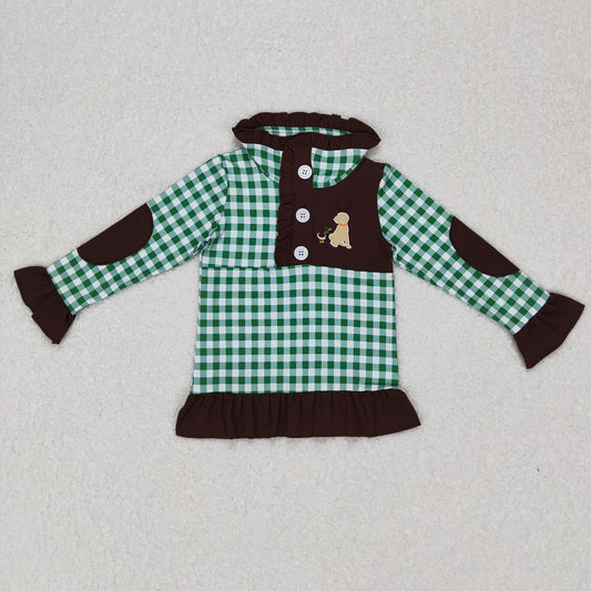 GT0284 Baby Girl Long Sleeves Embroidery Duck Dog Hunting Checkered Shirt