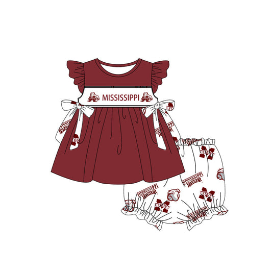 Baby Girl Short Sleeves Team Dogs Bows Tunic Bummie Shorts Set (Moq 5 )