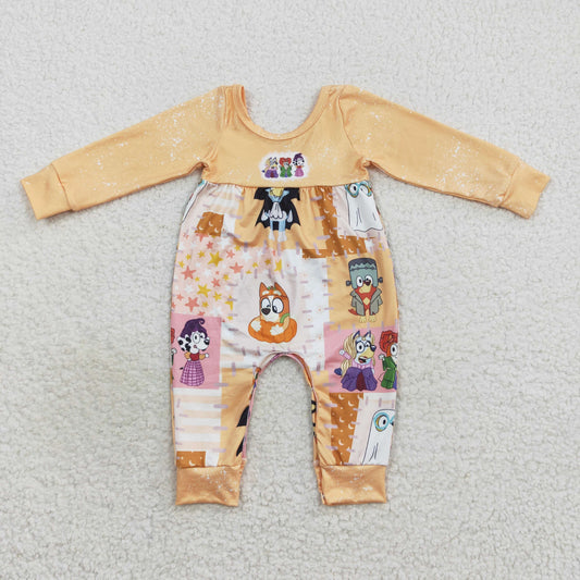 LR0637 Baby Girl Long Sleeves Halloween Dogs One Piece Romper