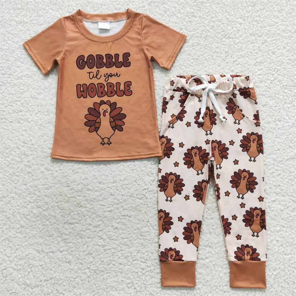 BSPO0119 Baby Boy Short Sleeves Gobble Wobble turkey Shirt Pants Thanksgiving Outfit