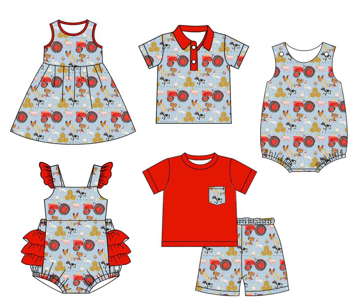 Baby Boy Girl Farm  Animals Sibling Matching Dress Romper Blue Clothes Set ( Moq 5 Each style )