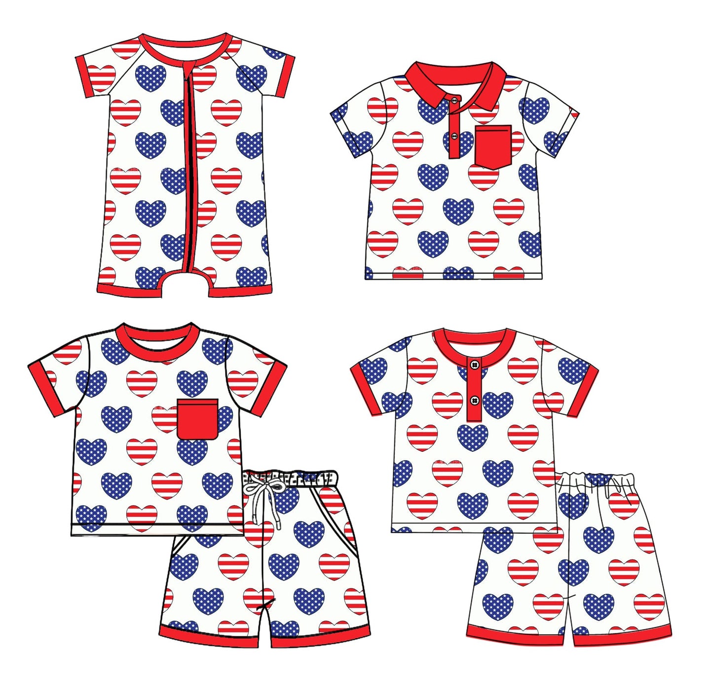 Baby Boy Short Sleeves Stars Stripes Hearts Sibling Romper Shirt Set ( Moq 5 Each Style ) 3.3