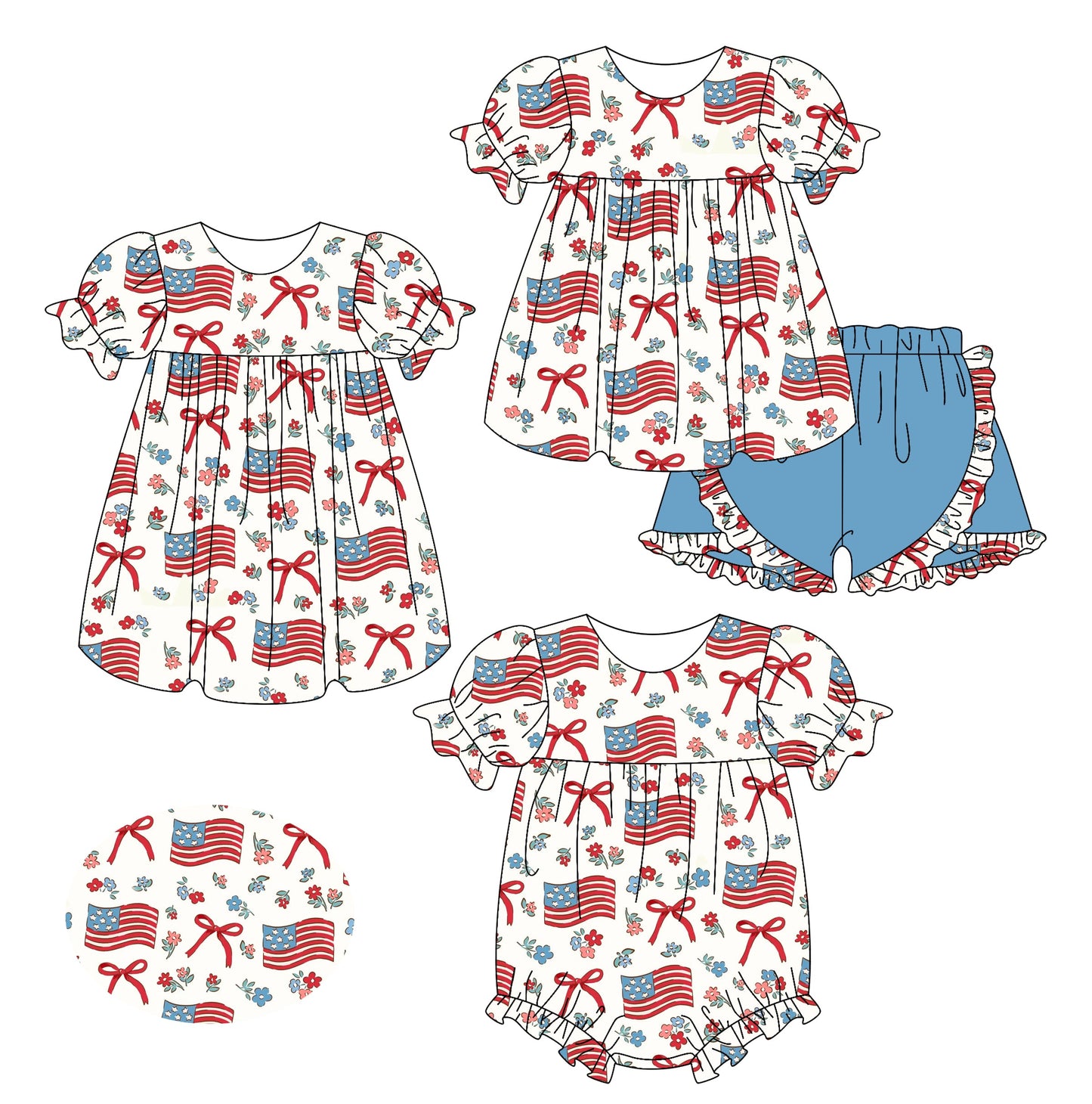 Baby Girl July 4th Flags Bows Flower Sibling Romper Dress Set ( Moq 5 Each Style ) 2.17