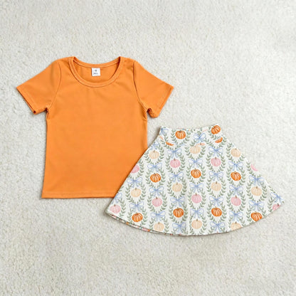 Baby Girls Kids Orange Shirt Pumpkins Bows Skirt Shorts Fall Set Yoga Active Thanksgiving Clothes RTS