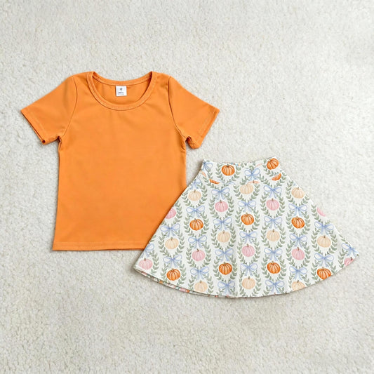 Baby Girls Kids Orange Shirt Pumpkins Bows Skirt Shorts Fall Set Yoga Active Thanksgiving Clothes RTS