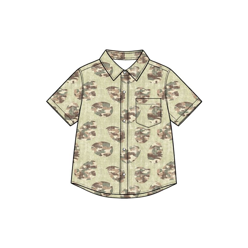 ( Moq 5 ) Preorder Baby Boys Kids Short Sleeves Camo Eggs Buttons Easter Shirt Tops Clothes