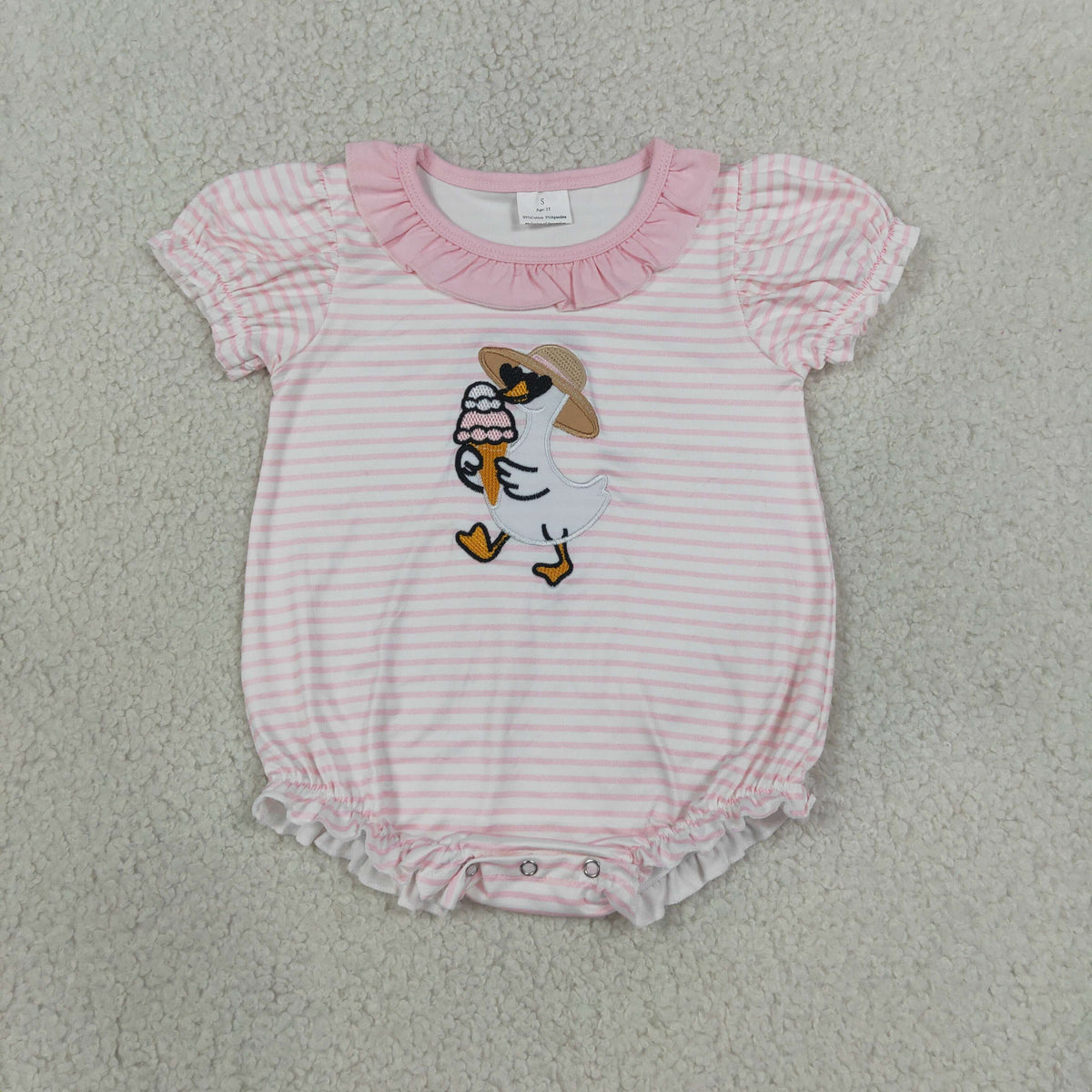 Baby Girls Infant Short Sleeves Embroidery Gooses Pink Stripe Bubble Romper RTS