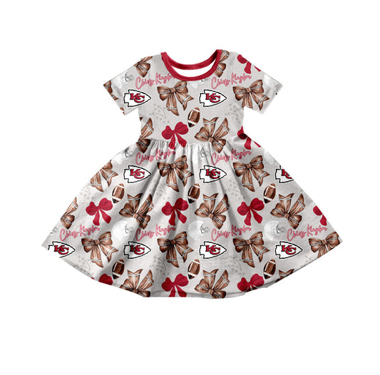 Baby Girl Short Sleeves Bows Football Team Knee Length Dress Moq 5