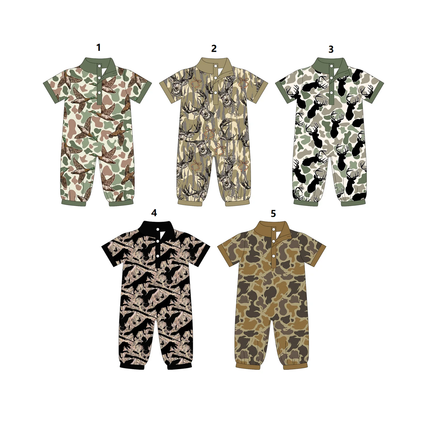 ( Moq 5 Each Style ) Baby Boys Infant Ducks Dogs Deer Camo Print Sibling Hunting Buttons Rompers