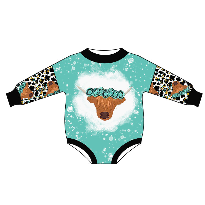 Baby Girl Long Sleeves Cow Turquoise Leopard Western Bubble Romper Moq 5