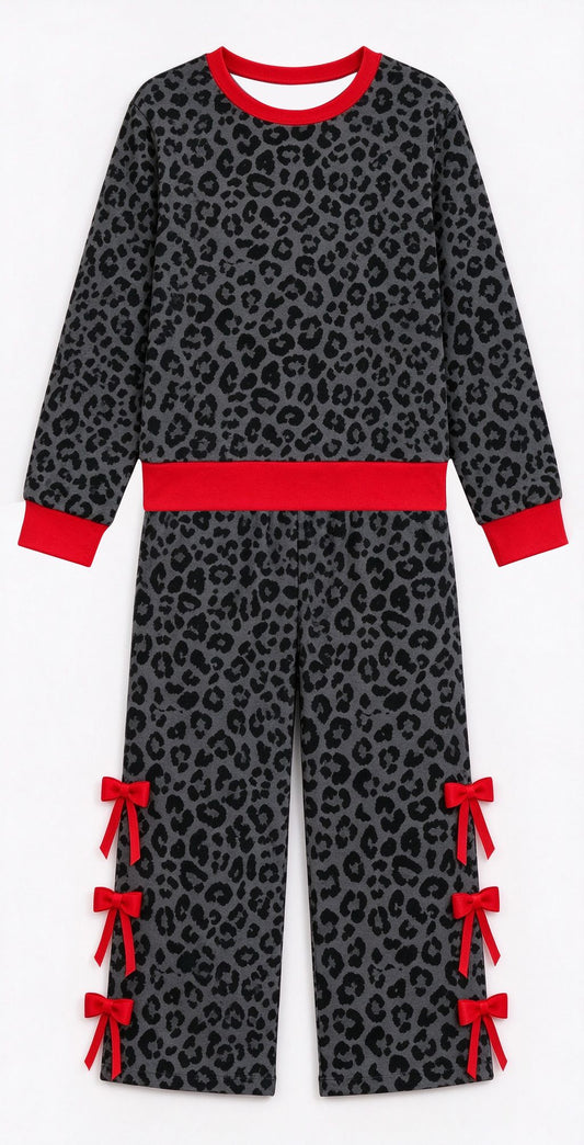 ( Moq 5 ) Preorder Baby Girls Kids Long Sleeves Black Leopard Shirt Bows Pants Set Clothes