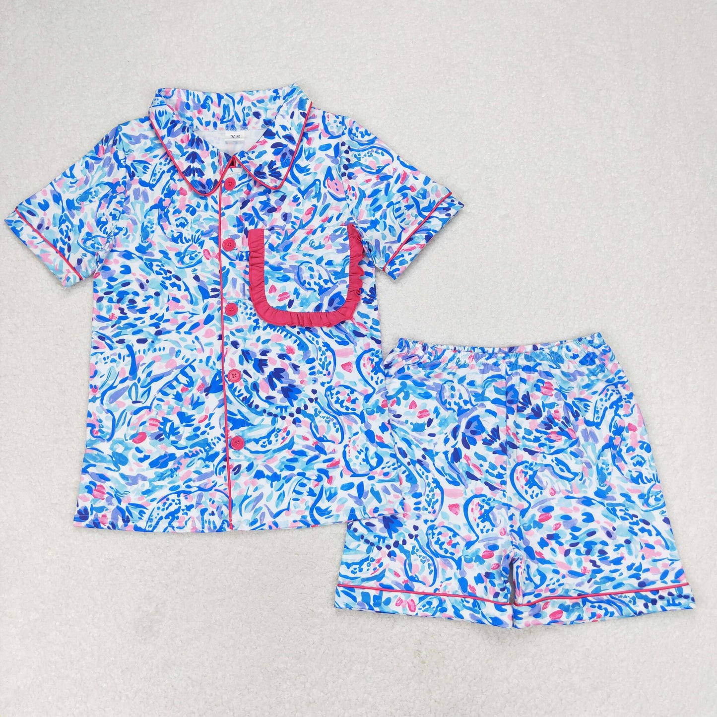 Adult Women Short Sleeves Pocket Buttons Shirt Shorts Blue Colorful Set