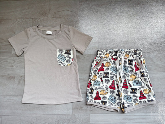 Baby Boys Kids Short Sleeves Grey Shirt Tools Pockets Shorts Set Clothes RTS