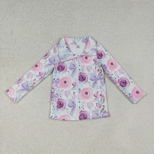 Baby Girl Long Sleeves Purple Flower Bows Pockets Yoga Active Zipper Shirt Tops RTS