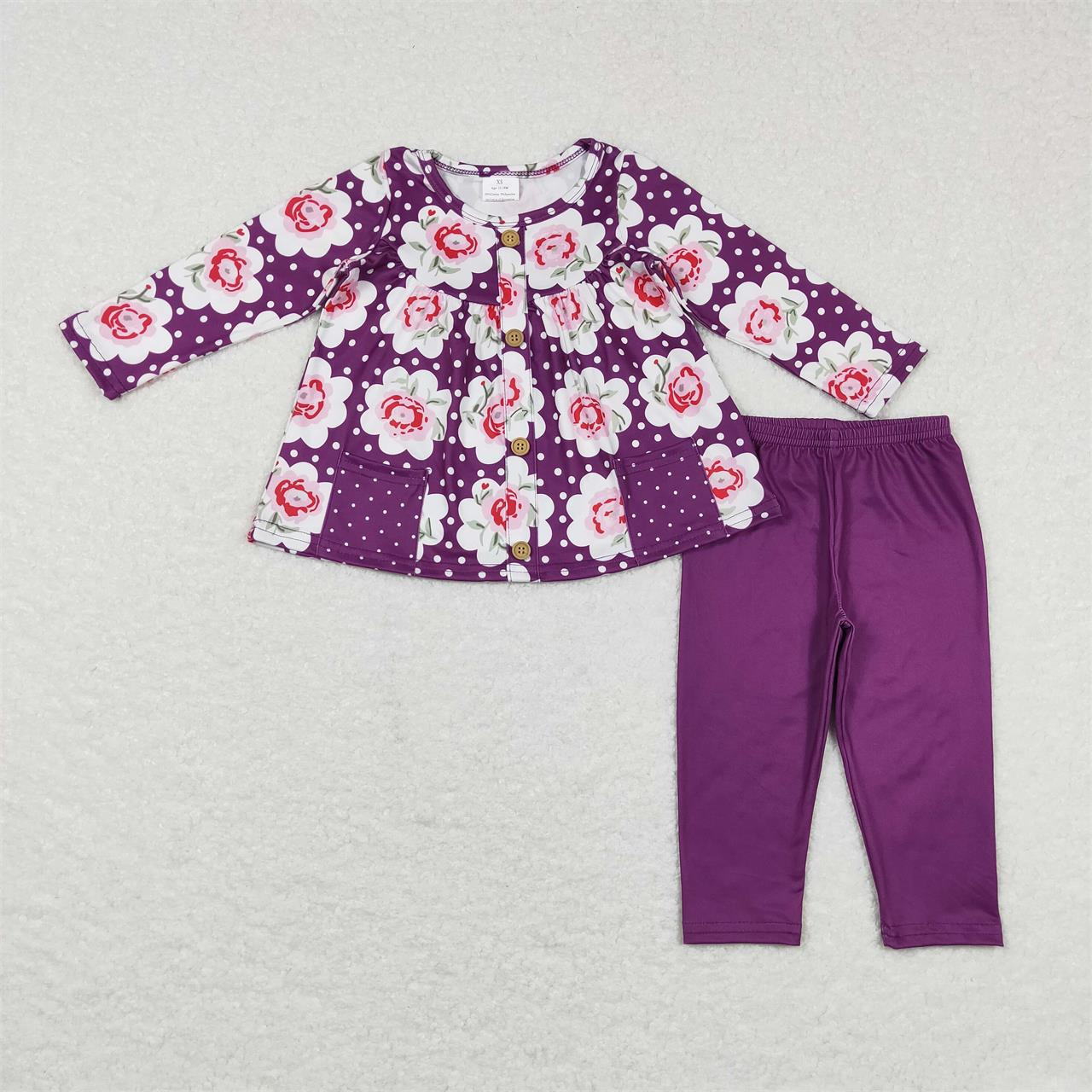 GLP0928 Baby Girl Long Sleeves Floral Pocket Tunic Purple Pants Outfit