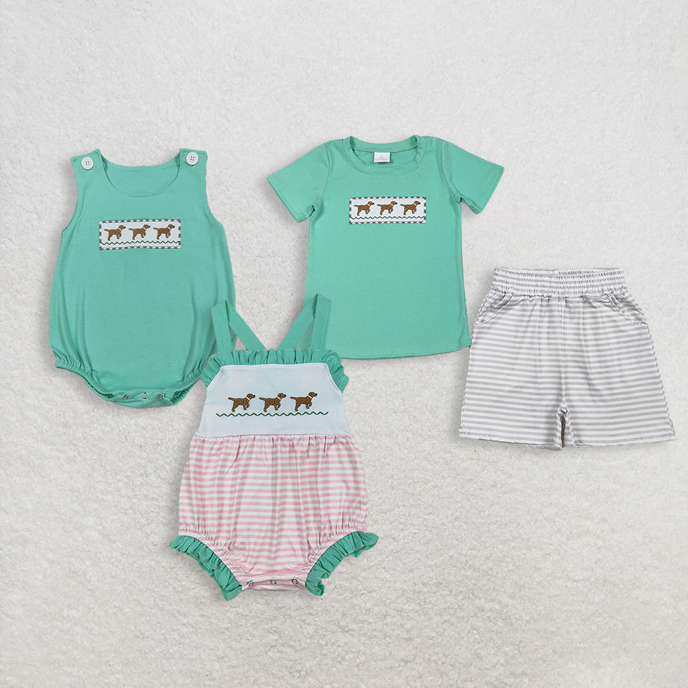 Sibling Baby Boys Girls Embroidery Dogs Green Rompers Dress Set Clothes RTS