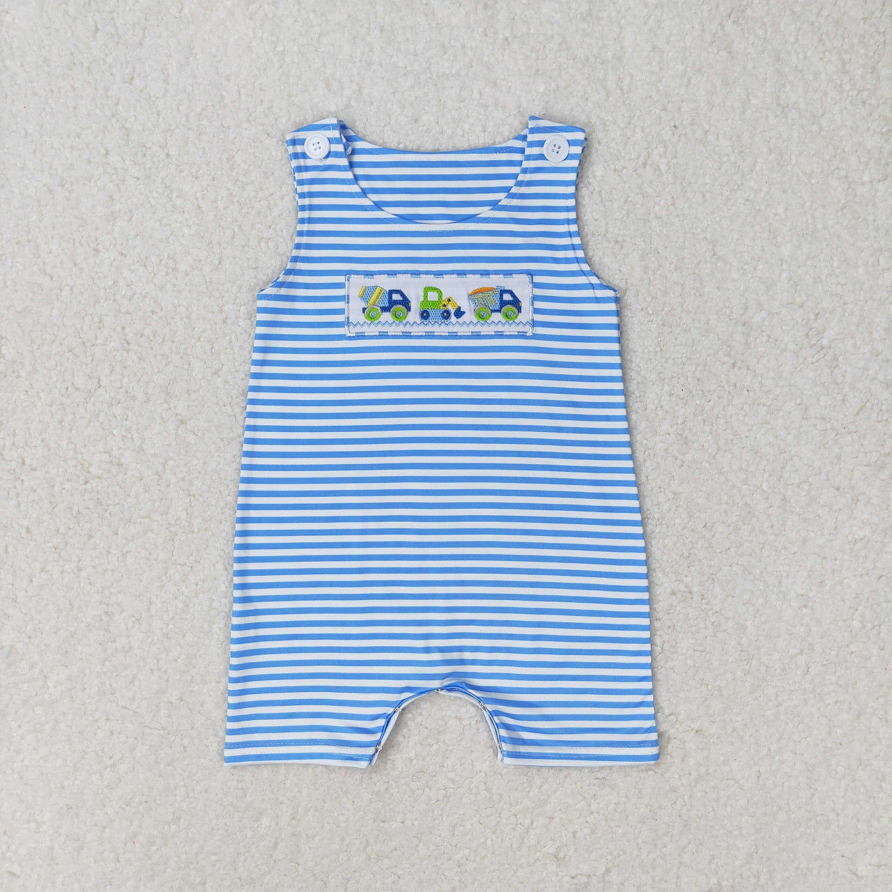 Baby Boy Summer Embroidery Constructions Blue Stripes Set Romper Sibling Clothes