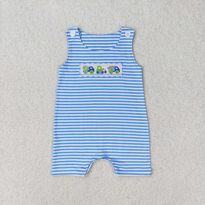 Baby Boy Summer Embroidery Constructions Blue Stripes Set Romper Sibling Clothes