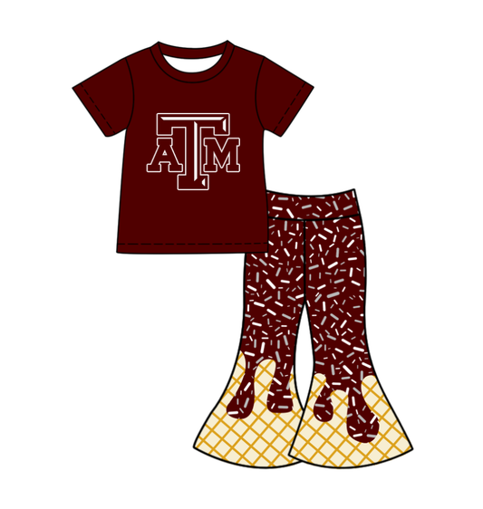 ( Moq 5 ) Baby Girls Dark Red Short Sleeves Shirt Drip Sprinkles Bell Pants Team Clothes Set