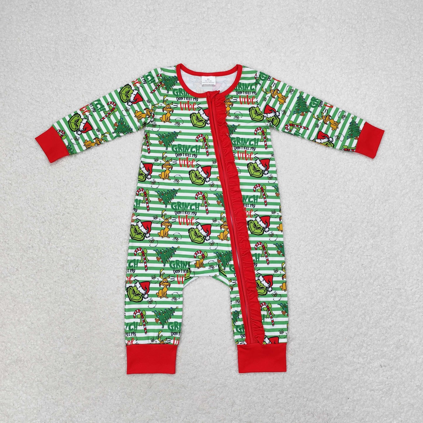 Baby Girl Long Sleeves Christmas Green Face Zipper Romper