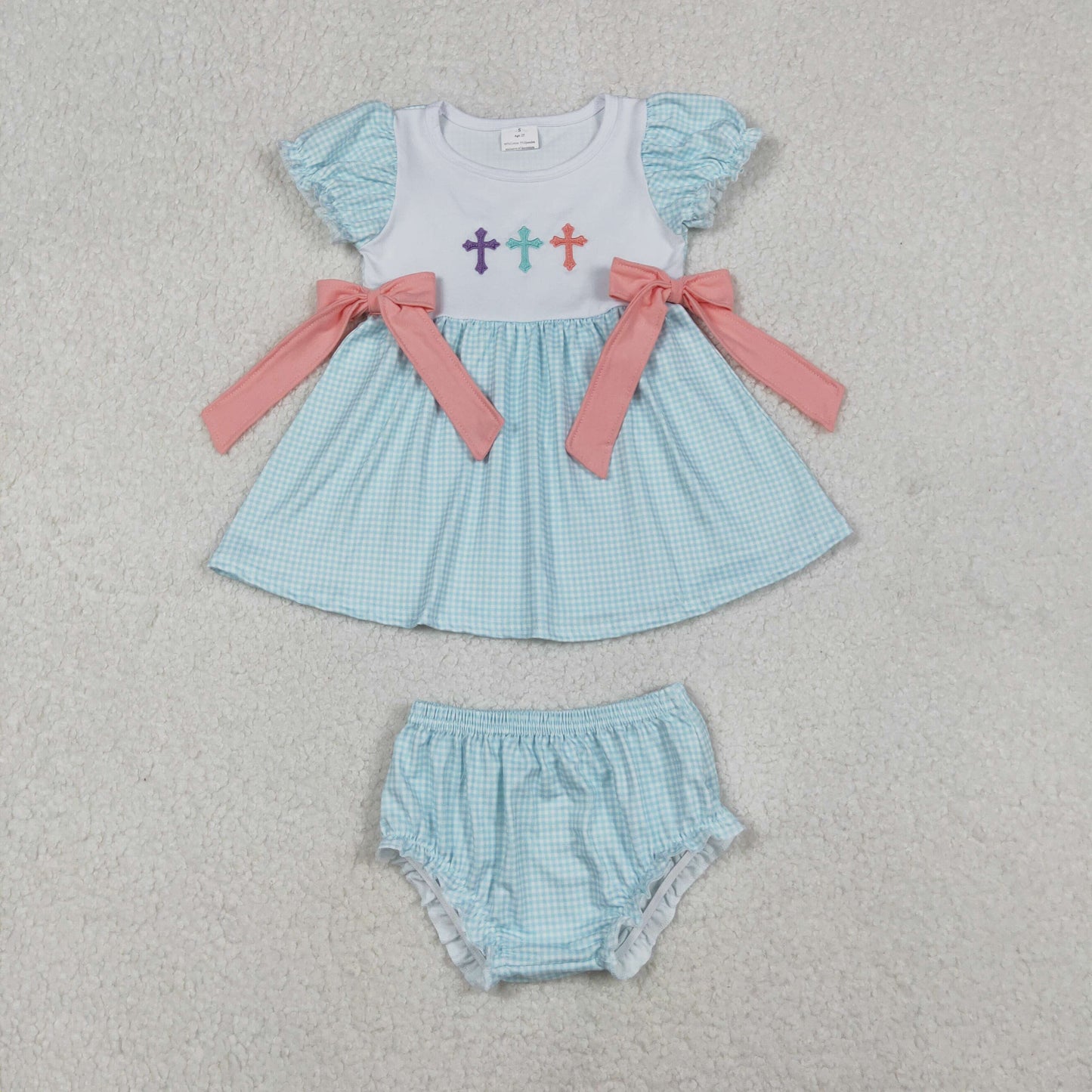 Girls Kids Embroidery Cross Easter Tops Blue Bummie Shorts Easter Set RTS