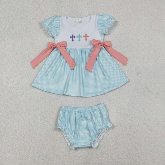 Girls Kids Embroidery Cross Easter Tops Blue Bummie Shorts Easter Set RTS