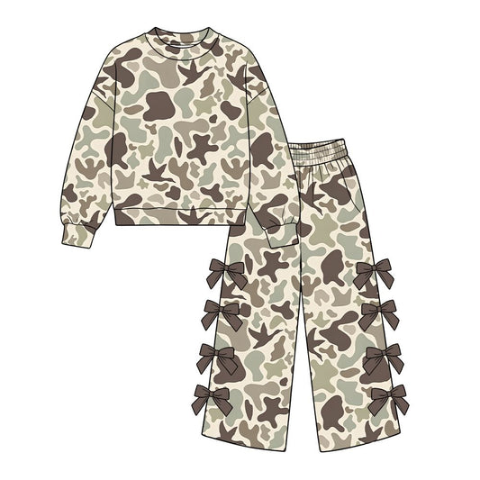 ( Moq 5 ) Preorder Baby Girls Kids Long Sleeves Ducks Pullover Bows Pants Camo Set Clothes