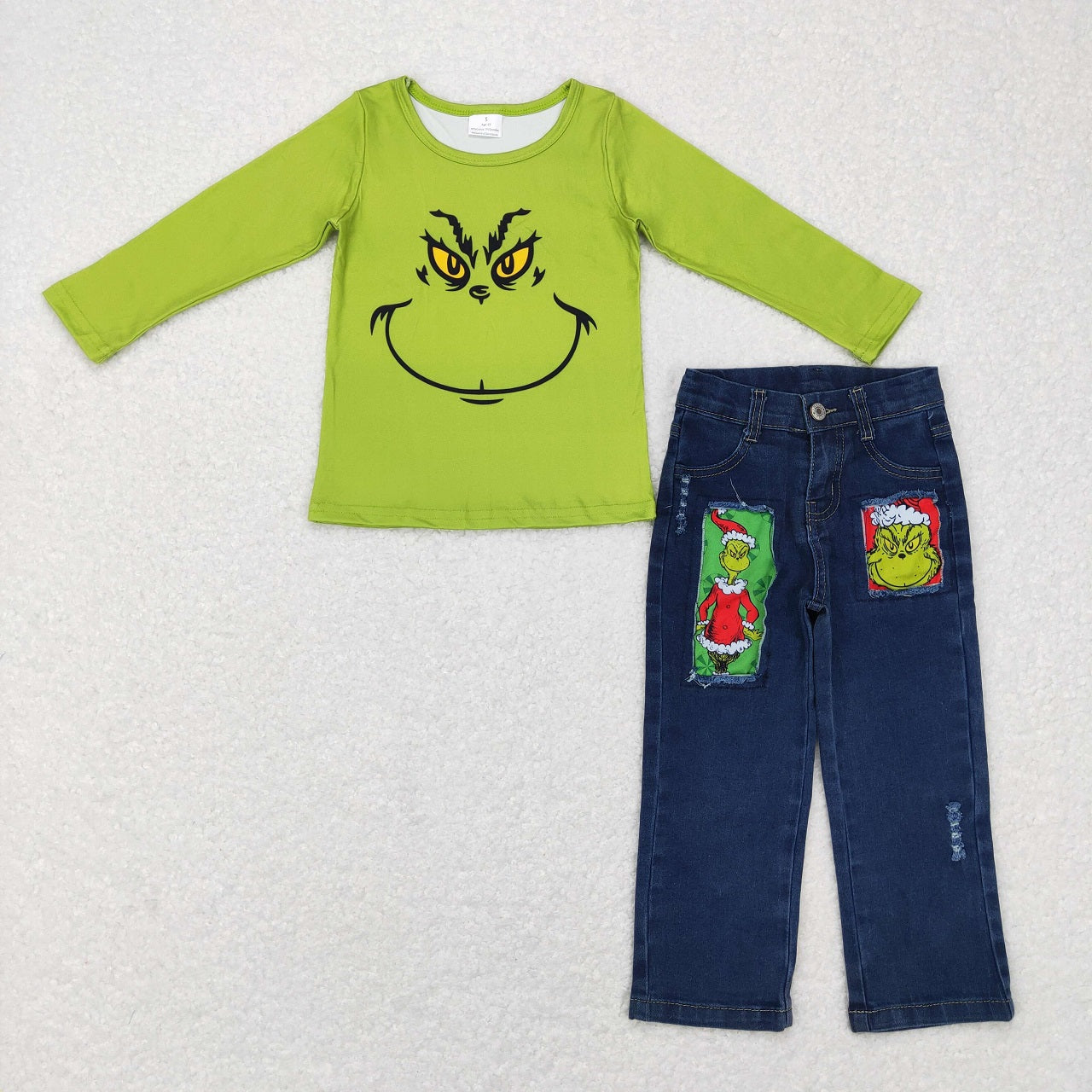 Baby Boy Long Sleeves Green Face Shirts Denim Pants Outfit