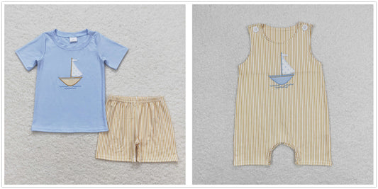 Baby Boy Summer Embroidery Boat Stripes Set Romper Sibling Clothes