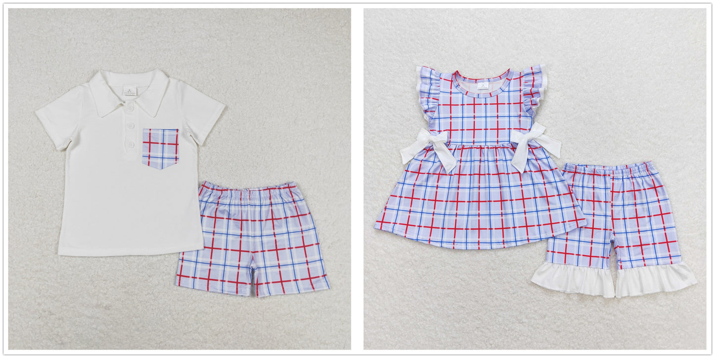 Baby Boy Girl Summer Plaid Tops Shorts Set Sibling Clothes