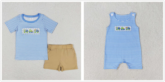 Baby Boy Summer Embroidery Constructions Blue Stripes Set Romper Sibling Clothes