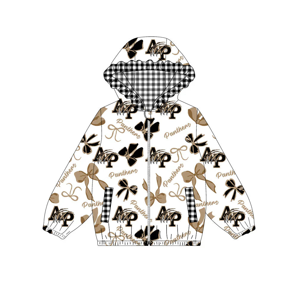 ( Moq 5 ) Baby Girls Kids Long Sleeves  Bows Cheer Pockets Plaid Hoodie Zipper Team Jacket Tops