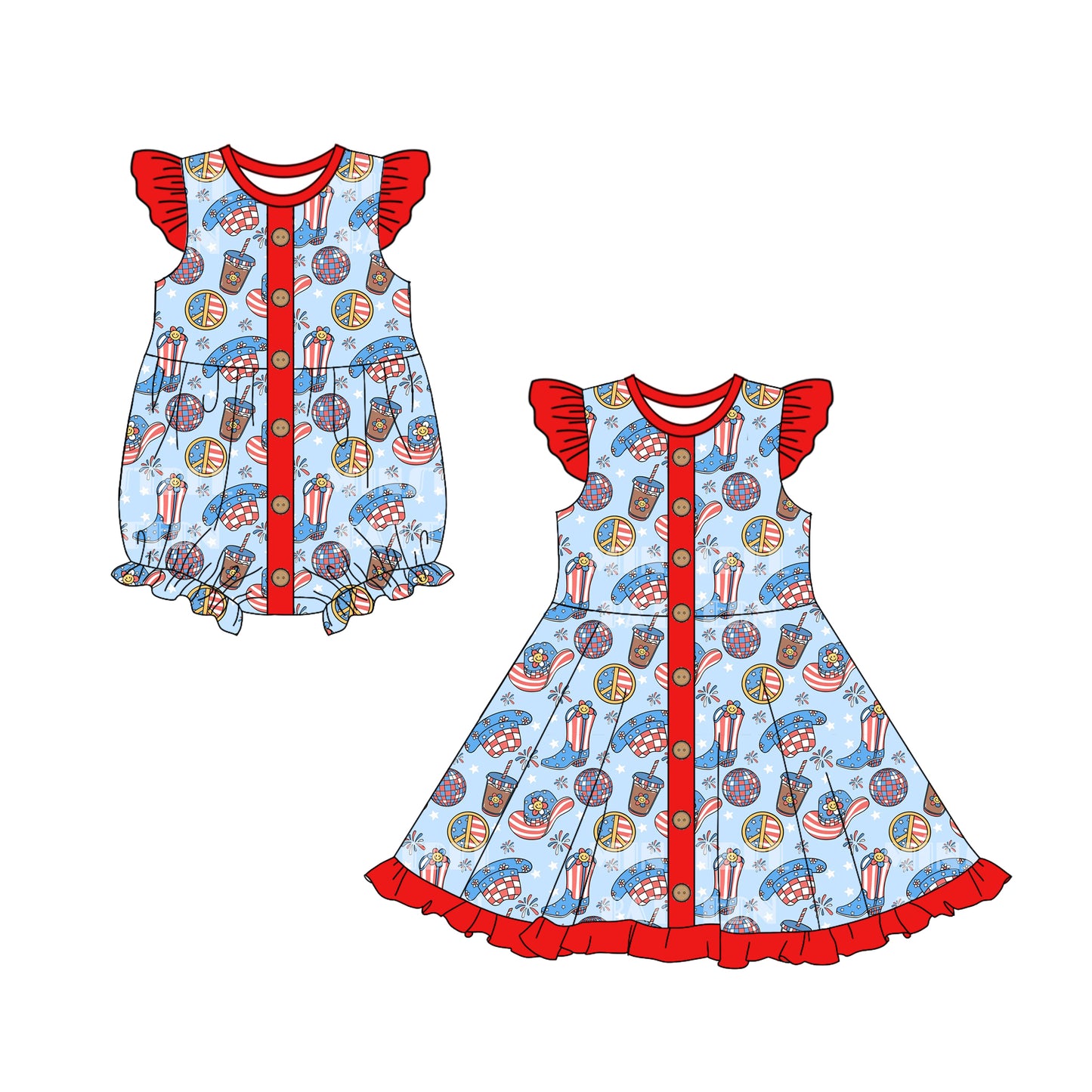 Baby Girl Short Sleeves July 4th Boots Hats Sibling Romper Dress ( Moq 5 Each Design )11.27