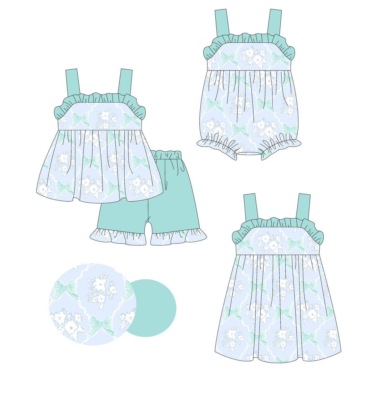 Baby Girl Straps Green Bows Flower Sibling Romper Dress Set ( Moq 5 Each Style ) 1.23