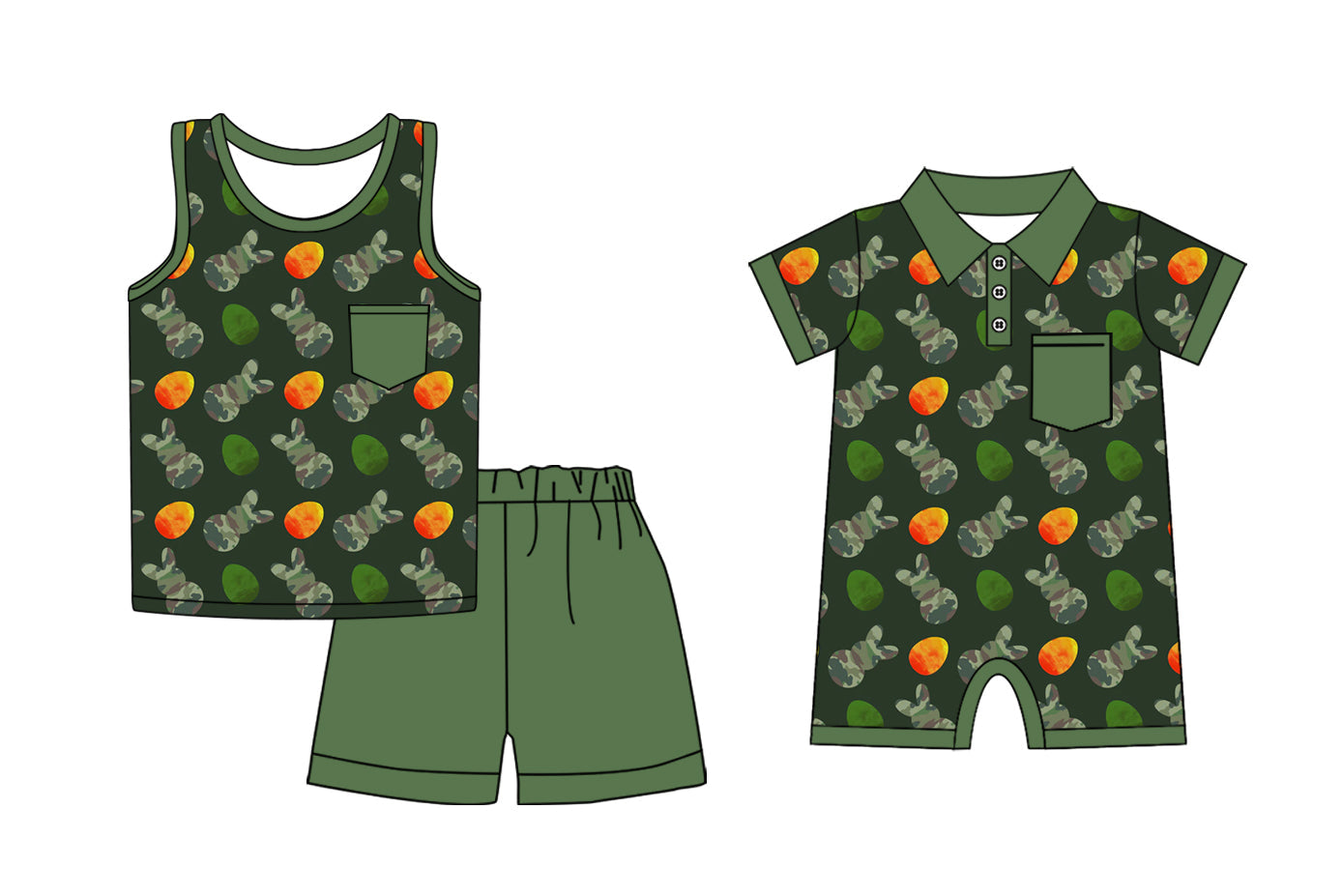 Baby Boy Easter Camo Rabbits Eggs Sibling Romper Set ( Moq 5 Each Style ) 1.4
