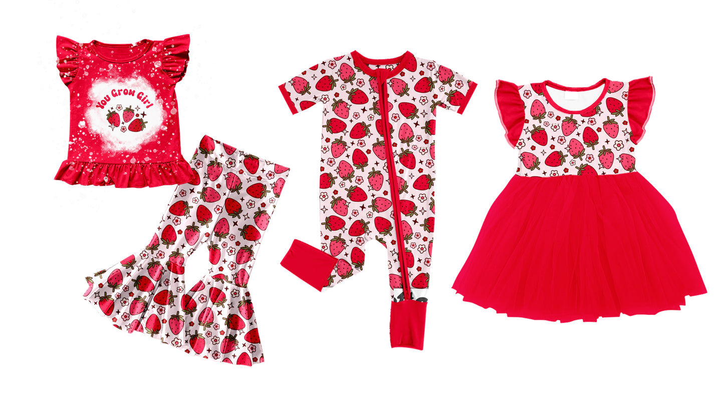 Baby Girl Short Sleeves Strawberry Flower Sibling Romper Dress Clothes Set ( Moq 5 Each Design )12.4