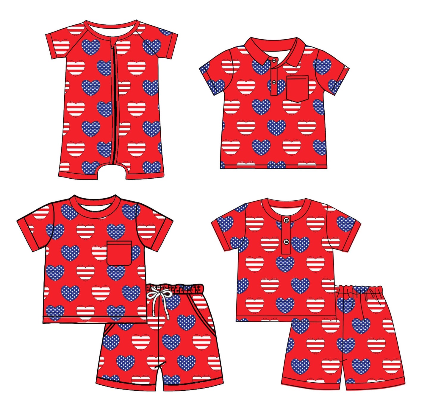 Baby Boy Short Sleeves Stars Stripes Hearts Red Sibling Romper Shirt Set ( Moq 5 Each Style ) 3.3