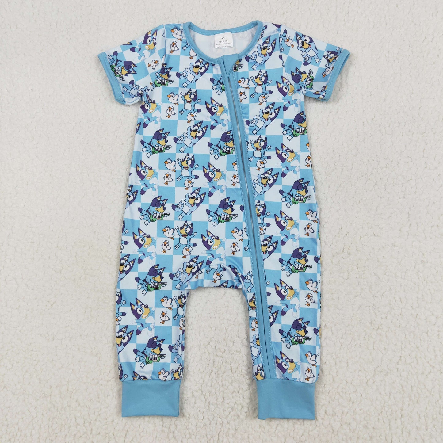 RTS Baby Boy Infant Short Sleeves Blue Checkered Dogs Zipper Romper