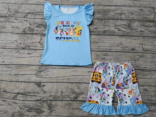 Baby Girl Short Sleeves Dogs Blue Shirt Short Back To School Set